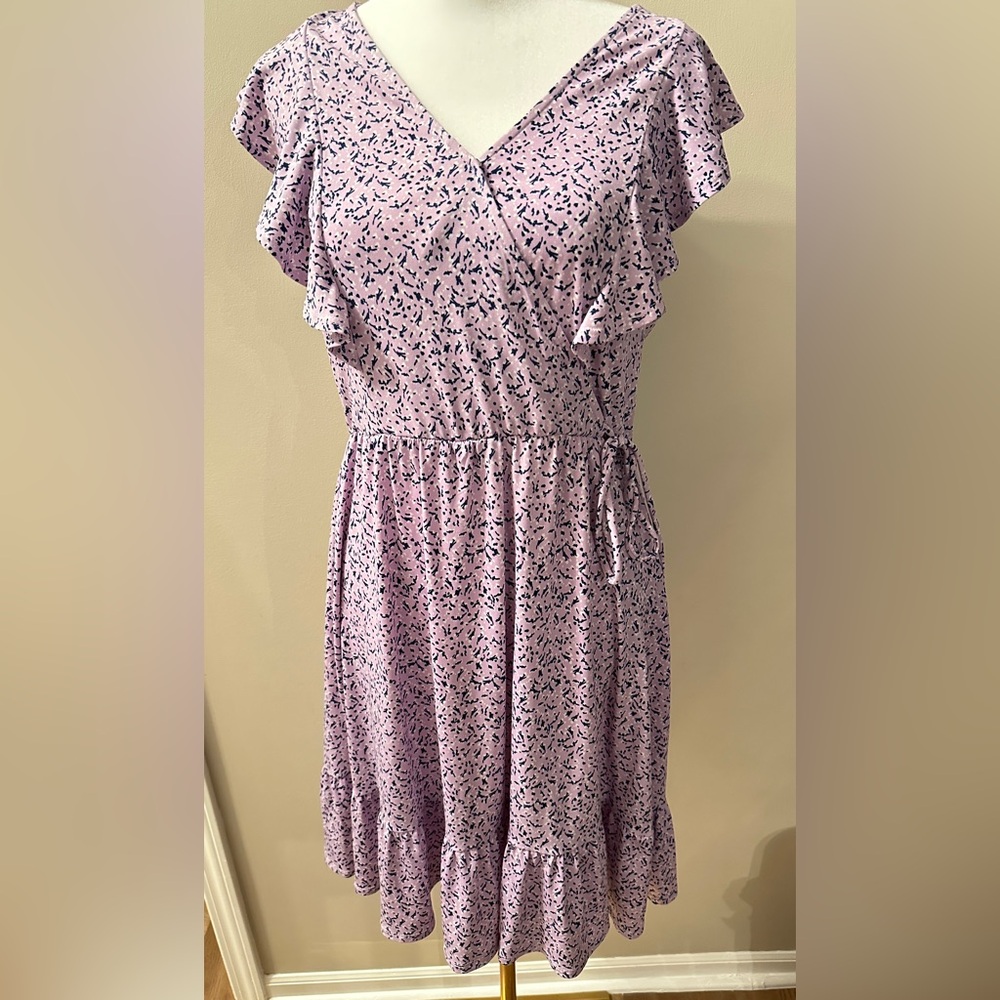 Kaileigh Purple and Navy Floral Patterned Ruffled Crossover Dress